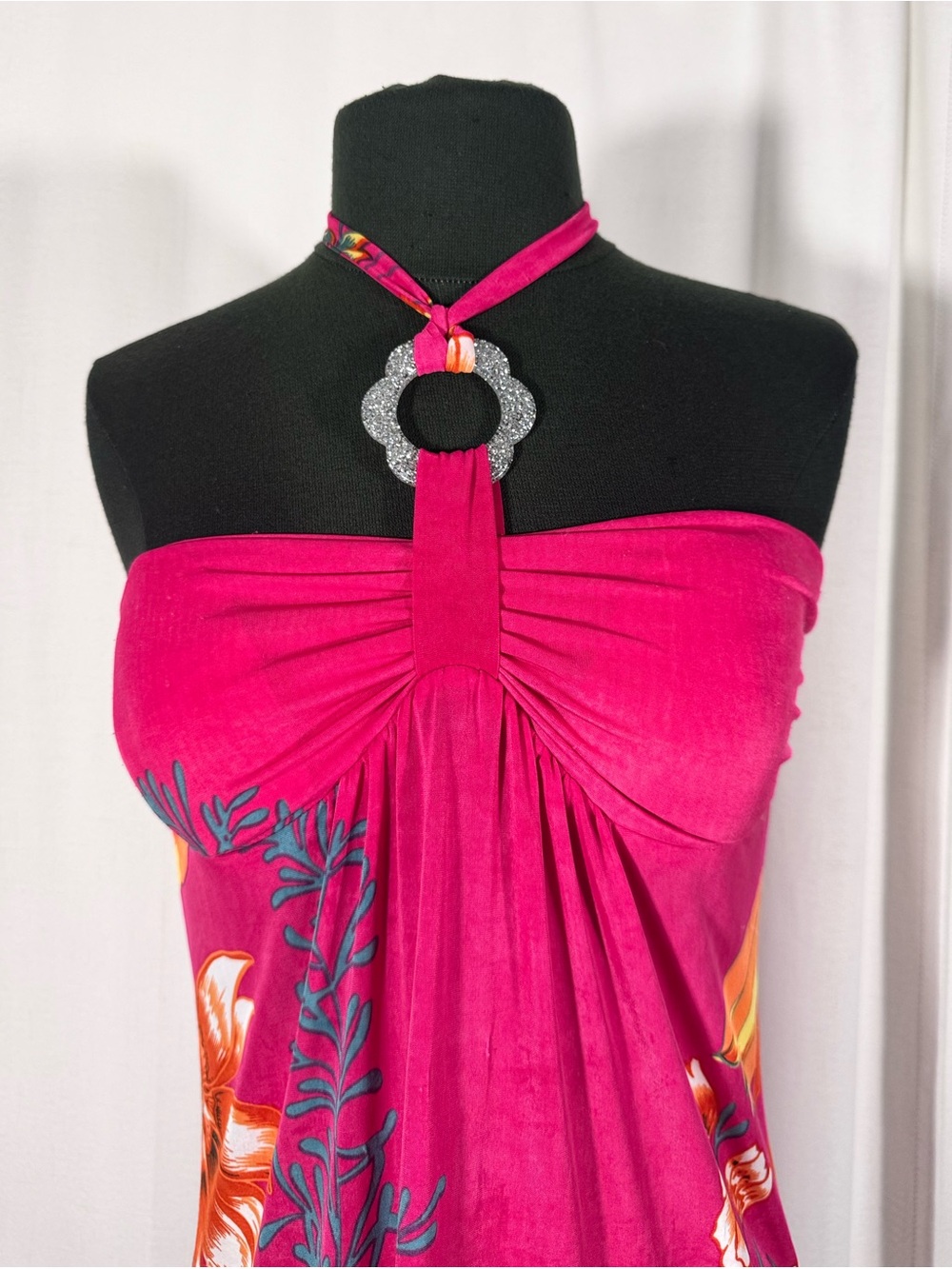 Y2K Hot Pink Floral Halter Neck Mini Dress - Picture 4 of 8